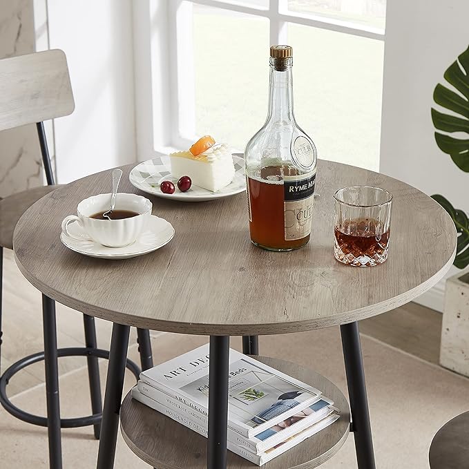 3 Pieces Bistro Table and Chairs Set, Industrial Counter Height Round Bar Table with Storage Shelf, 2 PU Upholstered Seat Stools with Backrest & Footrest, for Kitchen, Bar, Small Space, Grey - LeafyLoom