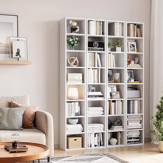 71 Inches Tall Narrow Bookshelf, 8-Tier CD DVD Slim Media Tower Rack, Corner Bookcase with Adjustable Shelves, Skinny Cubes Bookshelves for Home Office Small Space, White - LeafyLoom