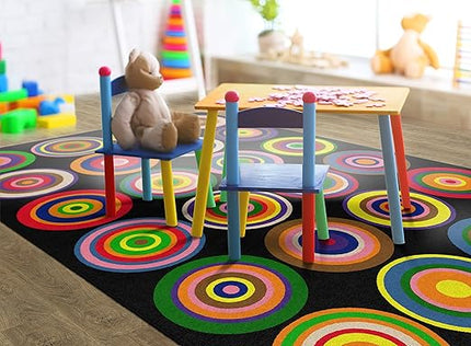 Flagship Carpets Color Rings Colorful Children's Area Rug for Kids Room Circle Seating Décor, Play Carpet for Teaching and Playing, Seats 24, 7'6" x 12', Black - LeafyLoom