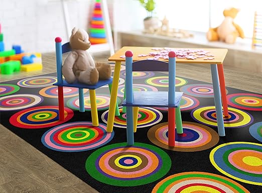 Flagship Carpets Color Rings Colorful Children's Area Rug for Kids Room Circle Seating Décor, Play Carpet for Teaching and Playing, Seats 24, 7'6" x 12', Black - LeafyLoom