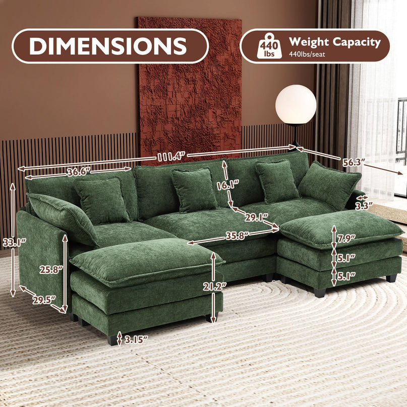 Ihanherry 111.4" L Shaped Modern Sofa Modular Sectional Cloud Couch with Ottoman, 4-Seat Chenille Deep Seat Sofa with Pillow for Living Room, Bedroom and Apartment, Beige LeafyLoom