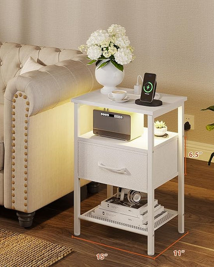 Night Stand, End Table with Charging Station, LED Bedside Table with Fabric Drawer for Bedroom, 3-Tier Side Table with Open Shelf, White - LeafyLoom