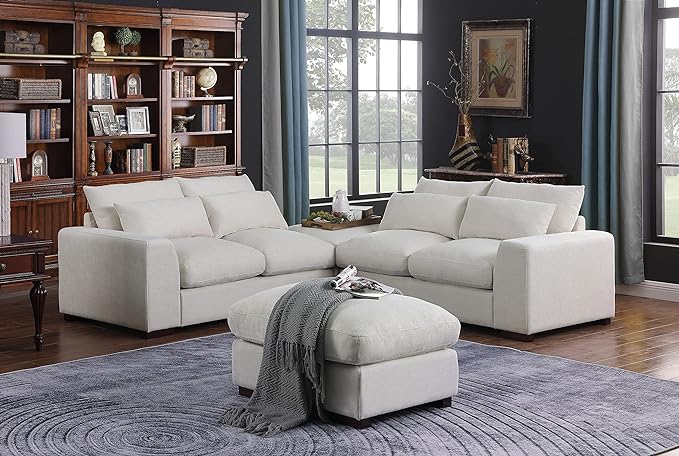 Modular Sectional Sofa with 2 Ottomans, Linen Blend Upholstery Couches Sleeper with Movable Chaise for Living Room, Apartment, 123.24inch, Beige-1 - LeafyLoom
