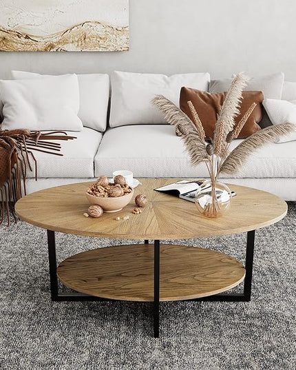 Solid Wood Oval Coffee Table with Cross Metal Legs, 43.3in Modern Industrail Center Table with Open Shelf Cocktail Tea Table for Living Room Bedroom, Rustic Nature 1811 - LeafyLoom