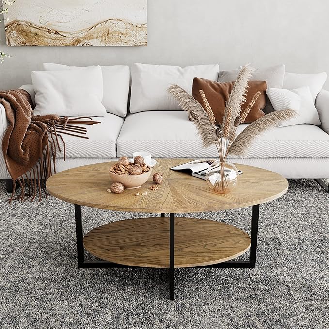 Solid Wood Oval Coffee Table with Cross Metal Legs, 43.3in Modern Industrail Center Table with Open Shelf Cocktail Tea Table for Living Room Bedroom, Rustic Nature 1811 - LeafyLoom