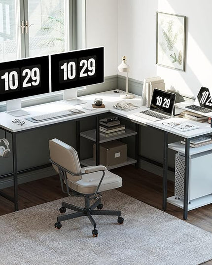 BANTI L Shaped Desk with Storage, 59 Inch Reversible Corner Computer Desk or 2 Person Long Table Desk, Home Office Large Gaming Writing Storage Workstation with Monitor Stand, White - LeafyLoom
