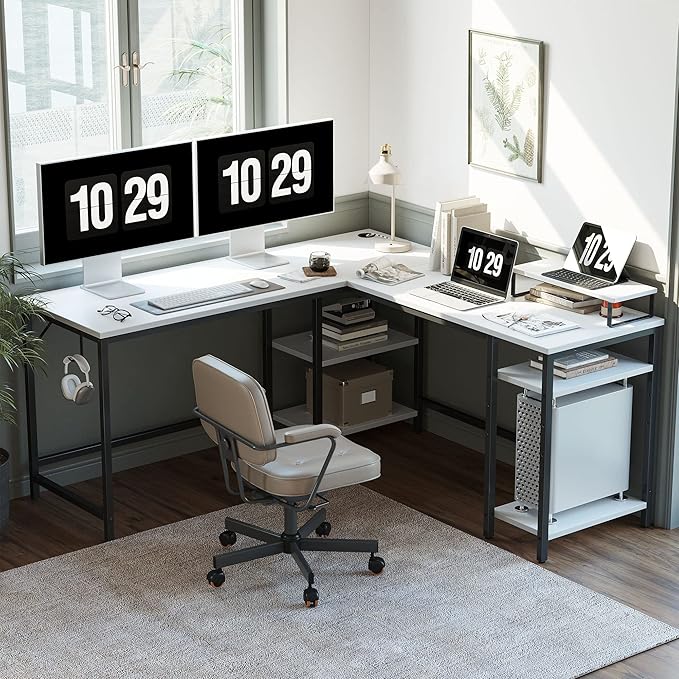 BANTI L Shaped Desk with Storage, 59 Inch Reversible Corner Computer Desk or 2 Person Long Table Desk, Home Office Large Gaming Writing Storage Workstation with Monitor Stand, White - LeafyLoom