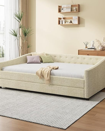 Full Size Upholstered Daybed with Twin Size Trundle,Wood Sofa Bed Frame W/Button Tufted Back and Nailhead Decorated Waved Shape Arms,Slat Support,for Bedroom,Living Room,Apartment,Beige - LeafyLoom
