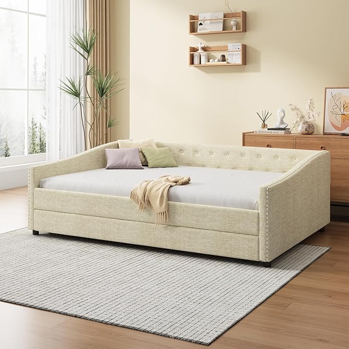 Full Size Upholstered Daybed with Twin Size Trundle,Wood Sofa Bed Frame W/Button Tufted Back and Nailhead Decorated Waved Shape Arms,Slat Support,for Bedroom,Living Room,Apartment,Beige - LeafyLoom