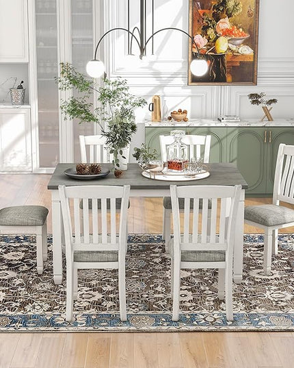 RITSU 7-Piece Dining Set Wood Rectangular Table and 6 Upholstered Chairs with Shaped Legs for Living Furniture, Guest Room, Home Bar, and Kitchen, Gray+White, Natural Cherry - LeafyLoom