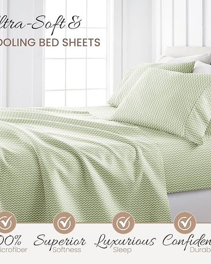 4 Piece California King Bedding Sheet Set (Sage Chevron) - Sleep Better Than Ever with These Ultra-Soft & Cooling Bed Sheets for Your Cal King Size Bed - Deep Pocket Fits 16" Mattress - LeafyLoom