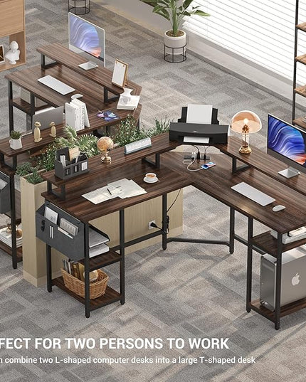 Aheaplus L Shaped Gaming Desk with Power Outlets & LED Lights, L- Shaped Desk Computer Corner Desk with Monitor Stand and Storage Shelf, Home Office Desk Writing Desk with Storage Bag, Espresso - LeafyLoom