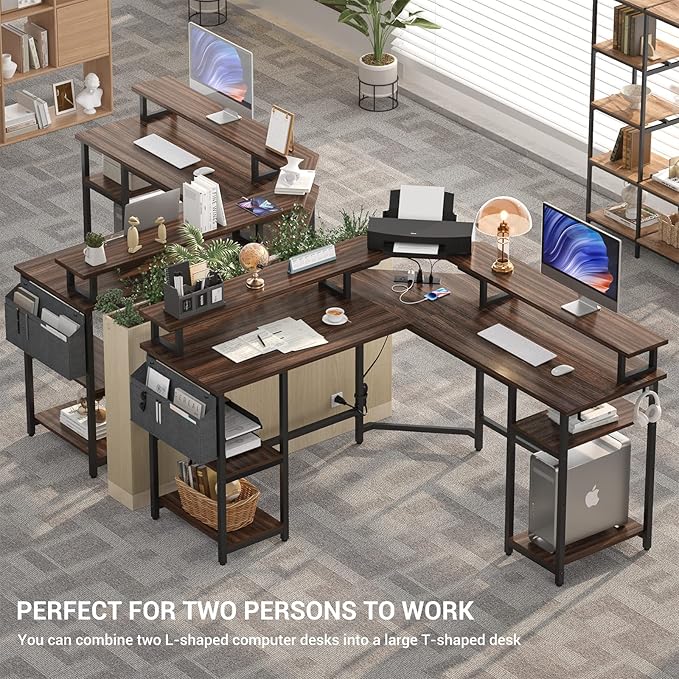Aheaplus L Shaped Gaming Desk with Power Outlets & LED Lights, L- Shaped Desk Computer Corner Desk with Monitor Stand and Storage Shelf, Home Office Desk Writing Desk with Storage Bag, Espresso - LeafyLoom