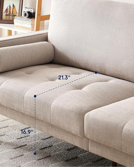 Vonanda Fabric Sofa Couch, Mid-Century 73 Inch 3 Seater Linen Couch with Hand-Stitched Comfort Cushion and Bolster Pillows for Living Room,Elegant Beige - LeafyLoom
