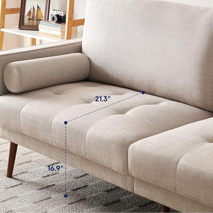 Vonanda Fabric Sofa Couch, Mid-Century 73 Inch 3 Seater Linen Couch with Hand-Stitched Comfort Cushion and Bolster Pillows for Living Room,Elegant Beige - LeafyLoom