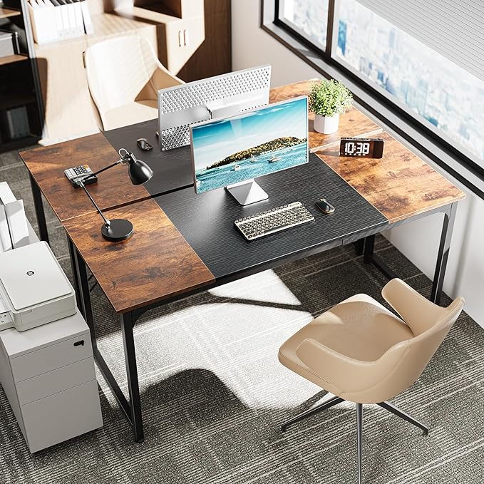 Computer Desk, 63 Inch Office Desk, Gaming Desk with Storage, Writing Desk Work Desk for Home Office, Study, Modern Simple Desk, Large Legroom, Metal Frame, Rustic Brown and Black - LeafyLoom