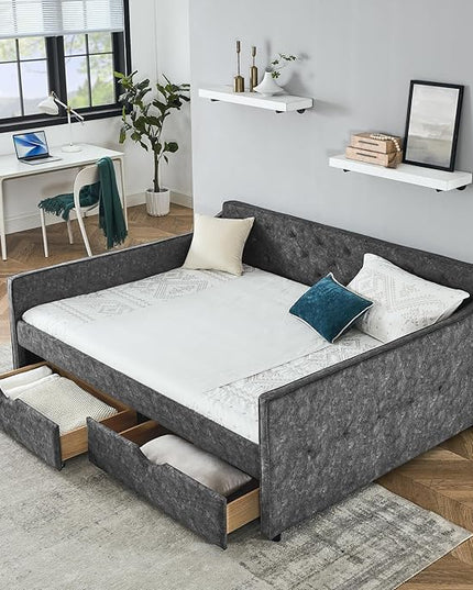 Queen Size Upholstered Daybed with Two Storage Drawers, Tufted Sofa Bed w/Waved Shape Arms, for Bedroom Living Room, No Box Spring Needed & Space-Saving Design, Grey - LeafyLoom