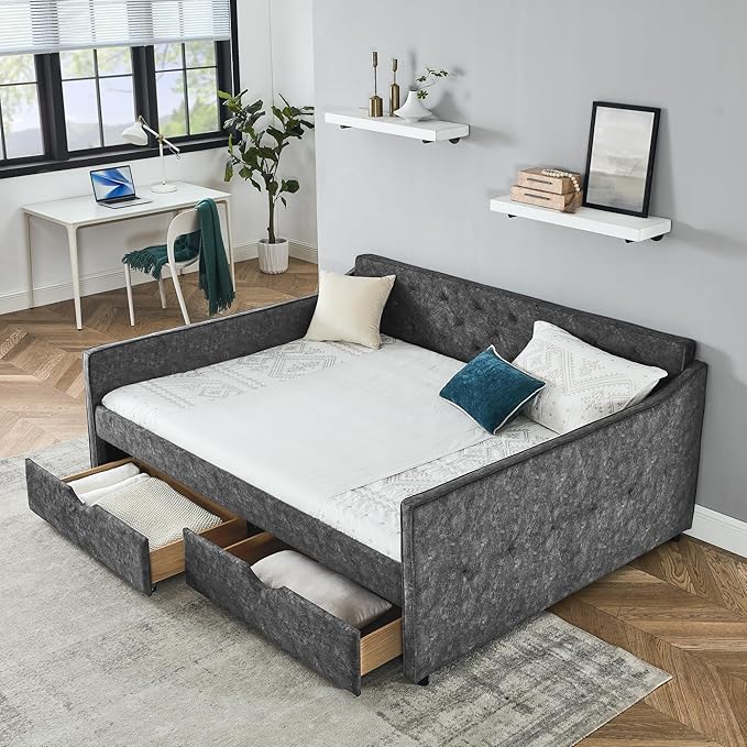 Queen Size Upholstered Daybed with Two Storage Drawers, Tufted Sofa Bed w/Waved Shape Arms, for Bedroom Living Room, No Box Spring Needed & Space-Saving Design, Grey - LeafyLoom