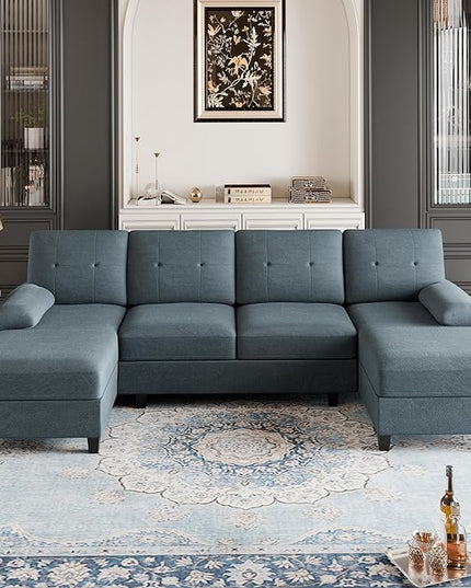 Shintenchi Sectional Couches for Living Room, U Shaped Sofa Couch with Double Chaise, 4-Seat Living Room Furniture Sets with Soft Cushion & Linen Fabric, Dark Grey - LeafyLoom