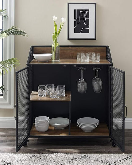 Walker Edison Malcomb Urban Industrial Metal Mesh Double Door Rolling Bar Cabinet, 33 Inch, Rustic Oak - LeafyLoom