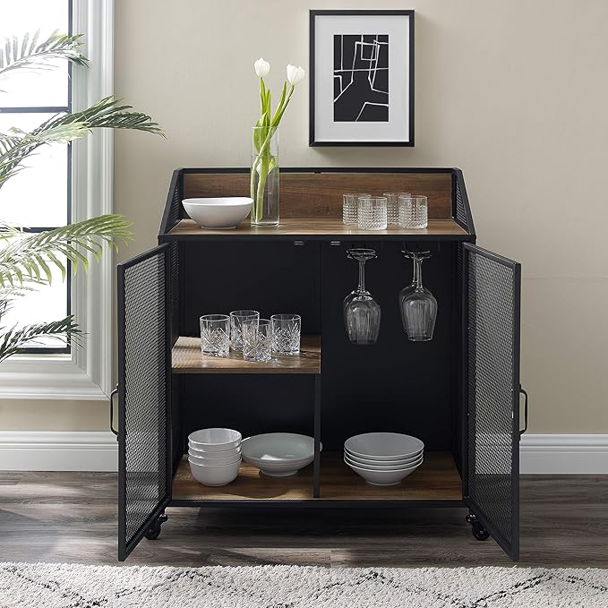 Walker Edison Malcomb Urban Industrial Metal Mesh Double Door Rolling Bar Cabinet, 33 Inch, Rustic Oak - LeafyLoom