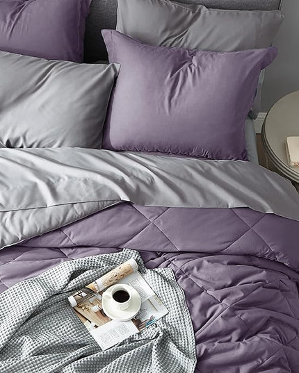 Bedsure Grayish Purple Full Size Comforter Set - 7 Pieces Reversible Full Bed in a Bag, Full Bed Set Grayish Purple and Grey with Comforters, Sheets, Pillowcases & Shams - LeafyLoom