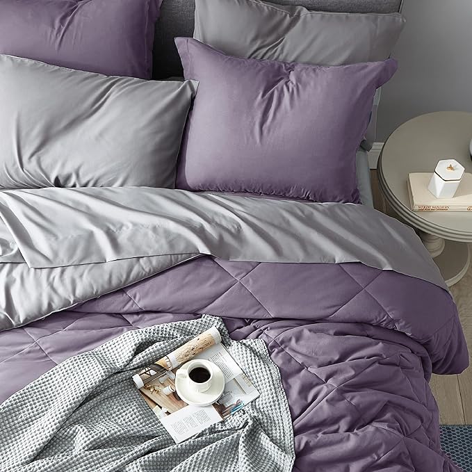 Bedsure Grayish Purple Full Size Comforter Set - 7 Pieces Reversible Full Bed in a Bag, Full Bed Set Grayish Purple and Grey with Comforters, Sheets, Pillowcases & Shams - LeafyLoom