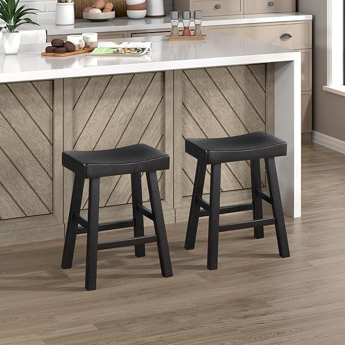 Lexicon Saddle Bar Stools Set of 2 Barstools with Footrest, Armless Dining Chairs for Kitchen Island, Breakfast Nook, Living Room, Counter Height, Black - LeafyLoom