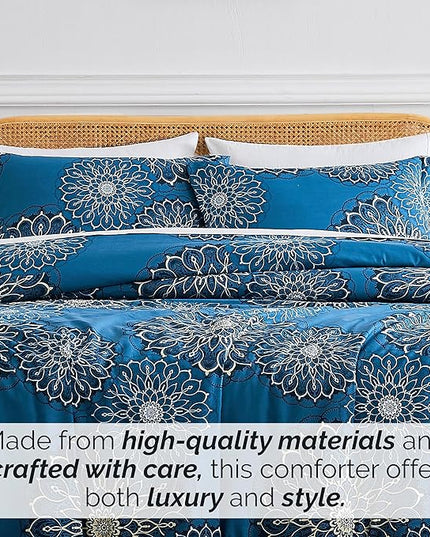 Southshore Fine Living, Inc. Oversized King Comforter Bedding Set, Down Alternative Boho Bedspread, Paisley Floral Comforter, King/California King with 2 Matching Shams, Midnight Floral Blue - LeafyLoom