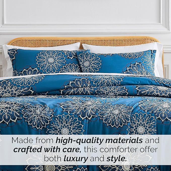 Southshore Fine Living, Inc. Oversized King Comforter Bedding Set, Down Alternative Boho Bedspread, Paisley Floral Comforter, King/California King with 2 Matching Shams, Midnight Floral Blue - LeafyLoom