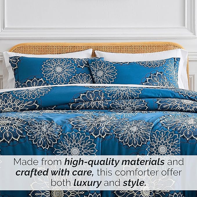 Southshore Fine Living, Inc. Oversized Full/Queen Comforter Bedding Set, Down Alternative Boho Bedspread, Paisley Floral Comforter, Full Size/Queen with 2 Matching Shams, Midnight Floral Blue - LeafyLoom