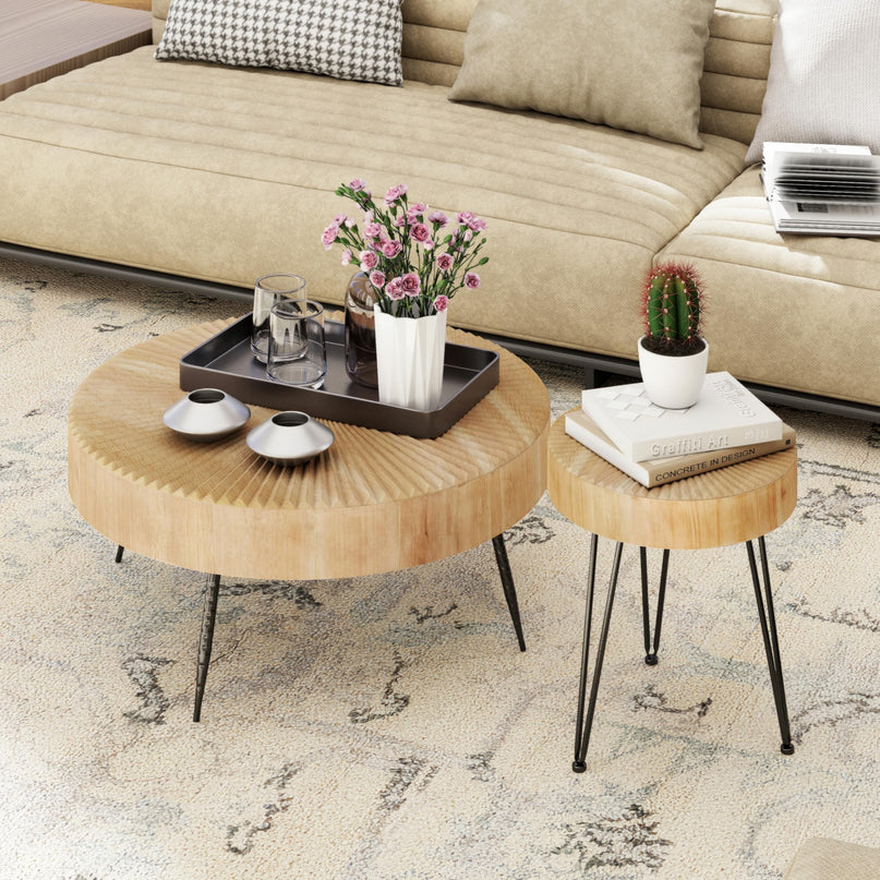 2-Piece Modern Farmhouse Living Room Coffee Table Set, Nesting Table Round Natural Finish with Handcrafted Wood Ring Motif, Wood Colour LeafyLoom