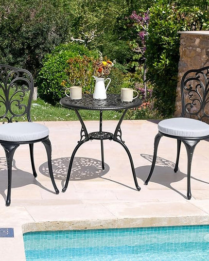 NUU GARDEN Bistro Set 3 Piece Outdoor All Weather Cast Aluminum Patio Bistro Set Patio Table and Chairs Set of 2 with Umbrella Hole and Gray Cushions for Backyard, Balcony, Lawn, Black - LeafyLoom
