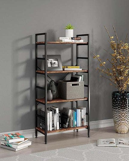 4 Tier Industrial Book Shelf,Modern Small Book Case for Books, Garage Kit, CDs, Movies, Standing BookShelves Display Rack for Bedroom/Living Room/Home Office - Rustic Brown Wood Bookcase - LeafyLoom