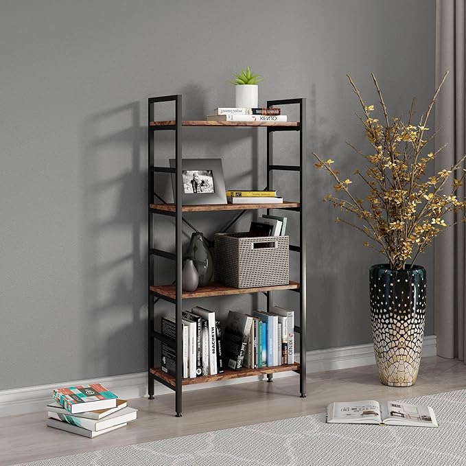 4 Tier Industrial Book Shelf,Modern Small Book Case for Books, Garage Kit, CDs, Movies, Standing BookShelves Display Rack for Bedroom/Living Room/Home Office - Rustic Brown Wood Bookcase - LeafyLoom