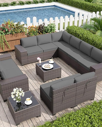 Patio Furniture Set Sofa 12-Pieces Wicker Sectional Sofa Set, Outdoor Furniture Rattan Patio Conversation Set with Thickened Cushions and Glass Coffee Table, Grey - LeafyLoom