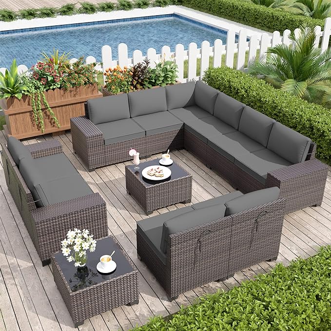 Patio Furniture Set Sofa 12-Pieces Wicker Sectional Sofa Set, Outdoor Furniture Rattan Patio Conversation Set with Thickened Cushions and Glass Coffee Table, Grey - LeafyLoom