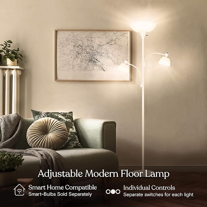 Brightech Sky Dome Double – High Brightness Torchiere Floor Lamp with 2 Reading Lights for Living Rooms, Bedrooms – Replace Halogen Standing Lamps with Efficient LED Office Lighting - Tall White Pole - LeafyLoom