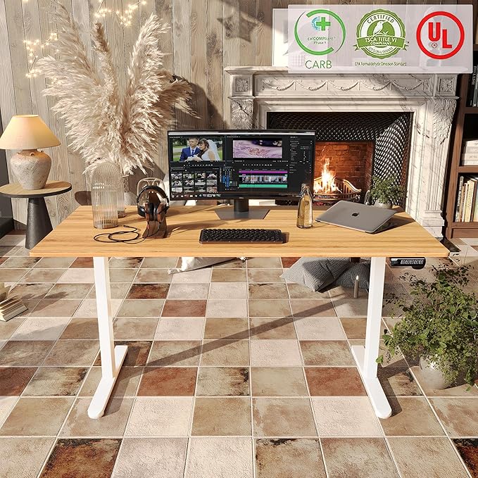 Monomi Electric Standing Desk, 63 x 28 inches Height Adjustable Desk, Ergonomic Home Office Sit Stand Up Desk with Memory Preset Controller (Natural Top/White Frame) - LeafyLoom