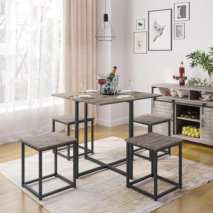 Yaheetech 5-Piece Dining Table Set with 4 Stools - Industrial Compact Kitchen Table & Chairs Sets, Space-Saving Design for Apartment, Small Space, Breakfast Nook, Drift Brown - LeafyLoom
