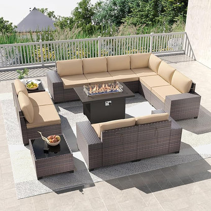 Kullavik 13PCS Outdoor Patio Furniture Set with 43" 55000BTU Gas Propane Fire Pit Table PE Wicker Rattan Sectional Sofa Patio Conversation Sets,Sand - LeafyLoom