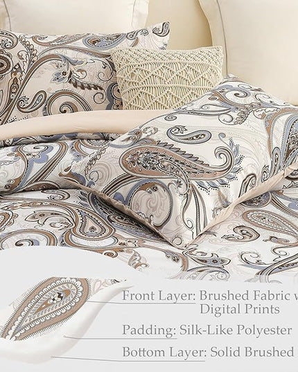 Whale Flotilla Queen Full Comforter Set, Soft Reversible Beige Bedding Comforter Set with Pailsey Pattern, 1 Micoriber Printed Comforter and 2 Pillow Shams, 3 Pieces - LeafyLoom