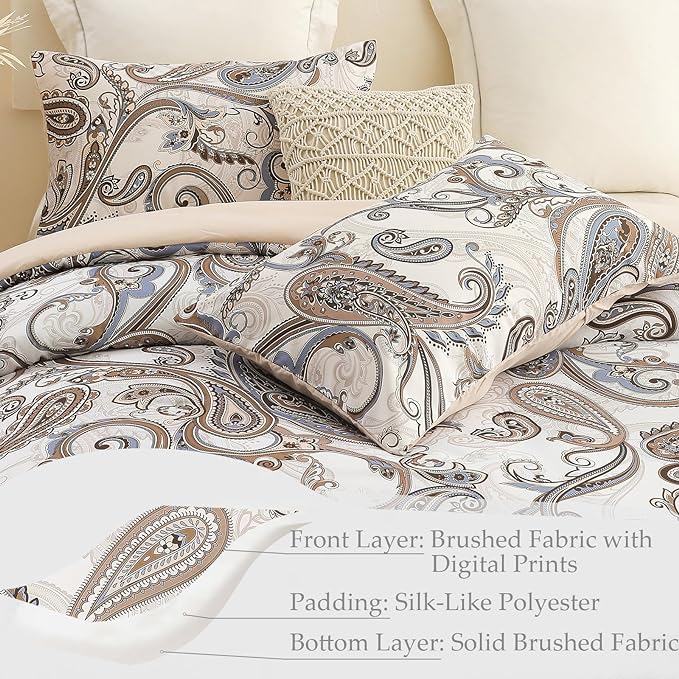Whale Flotilla Queen Full Comforter Set, Soft Reversible Beige Bedding Comforter Set with Pailsey Pattern, 1 Micoriber Printed Comforter and 2 Pillow Shams, 3 Pieces - LeafyLoom
