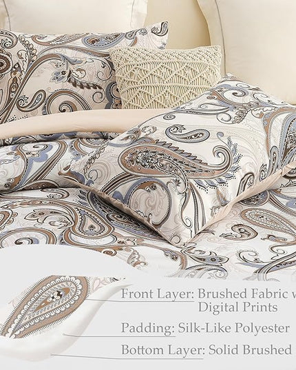 Whale Flotilla King Comforter Set, Soft Reversible Beige Bedding Comforter Set with Pailsey Pattern, 1 Micoriber Printed Comforter and 2 Pillow Shams, 3 Pieces - LeafyLoom