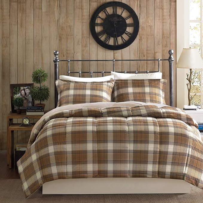 Woolrich Comforter Set, Cabin Lodge, Warm Cover for Colder Season, Modern Cottage-Inspired Down Alternative Ultra Soft Microfiber Bedding, Matching Sham, Plaid Brown King 3 Piece - LeafyLoom