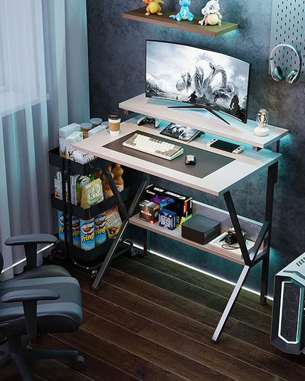 COTUBLR Small Desk, 27.5 Inch Small Computer Desk for Small Spaces, Computer Desk with Adjustable Monitor Stand, Compact Desk with Storage, Tiny Desk Study Desk for Bedroom Home Office, White - LeafyLoom