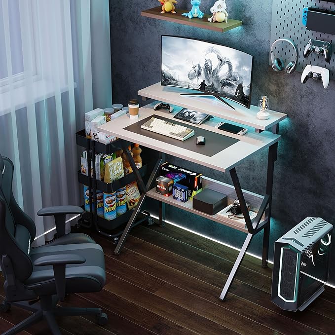 COTUBLR Small Desk, 27.5 Inch Small Computer Desk for Small Spaces, Computer Desk with Adjustable Monitor Stand, Compact Desk with Storage, Tiny Desk Study Desk for Bedroom Home Office, White - LeafyLoom
