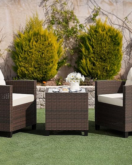 Shintenchi 3 Pieces Patio Furniture Set 3 Pieces PE Rattan Wicker Chairs with Table Outdoor Furniture for Backyard/Garden/Poolside/Outdoor Restaurant Brown Rattan with White Cushion - LeafyLoom