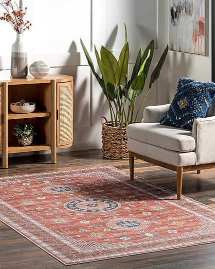 nuLOOM Tama Circle Medallion Machine Washable Ultra Thin Area Rug, 4x6, Red - LeafyLoom