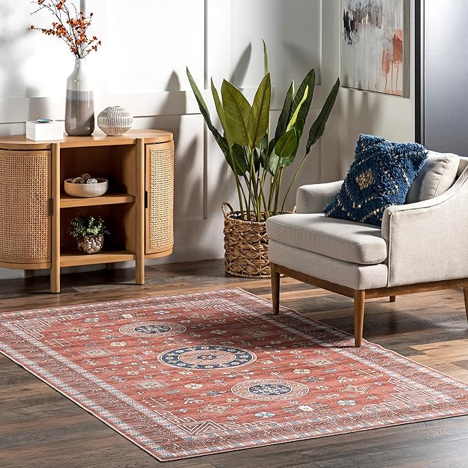 nuLOOM Tama Circle Medallion Machine Washable Ultra Thin Area Rug, 4x6, Red - LeafyLoom